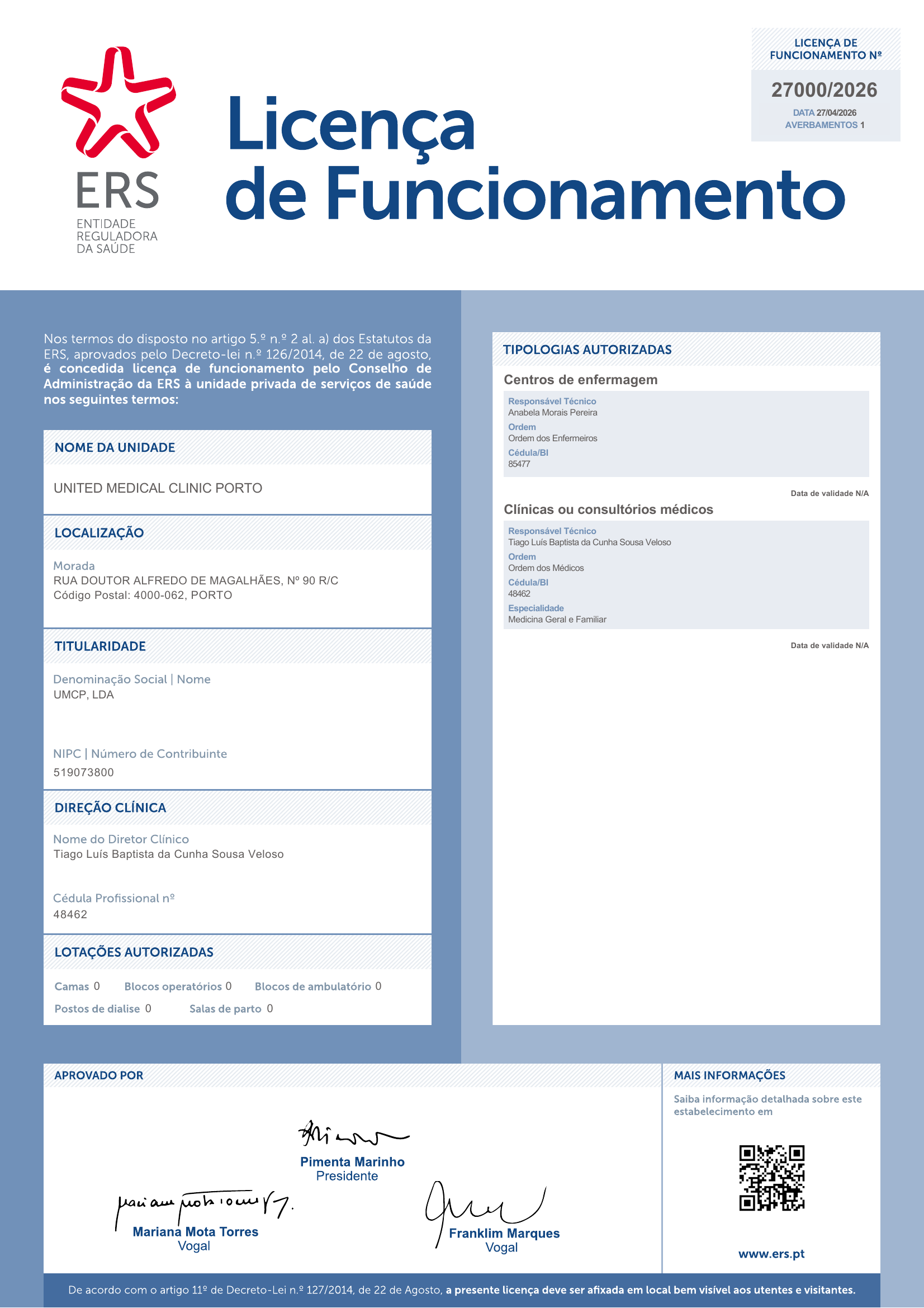 Licença de Funcionamento — United Medical Clinic Porto